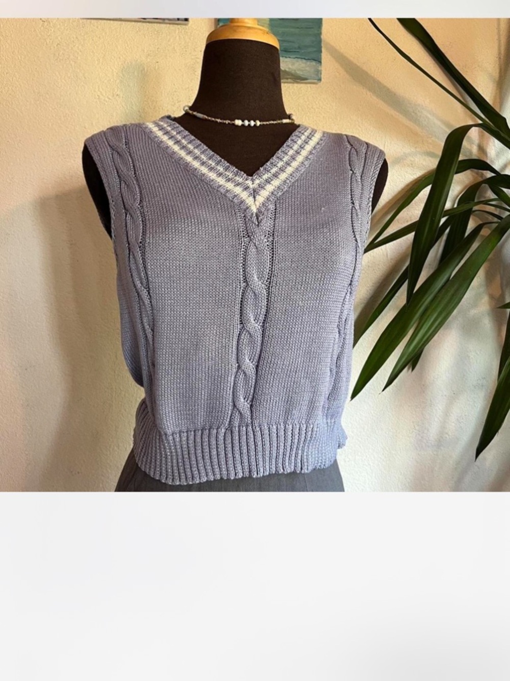 Zara Lavender Cable Knit V-Neck Sweater Vest with White Trim